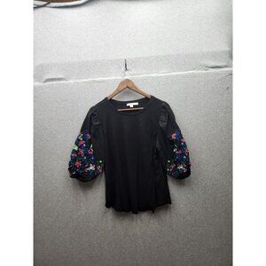 Chicos Black Top With Embroidered Puff Sleeves Size M
